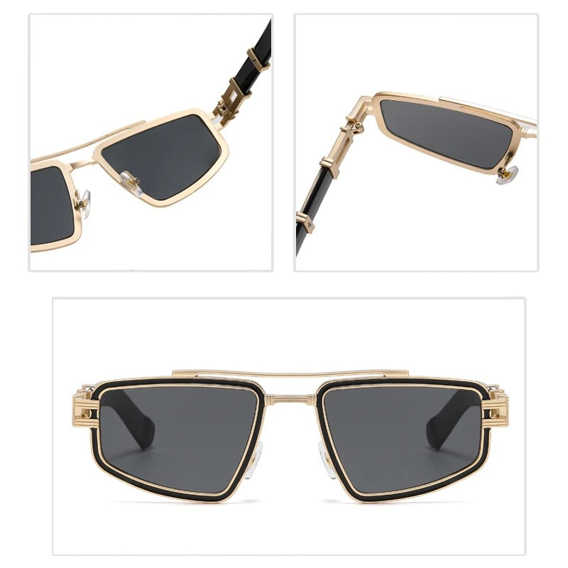Front view of bold geometric metal frame sunglasses, a chic and modern accessory for sun protection