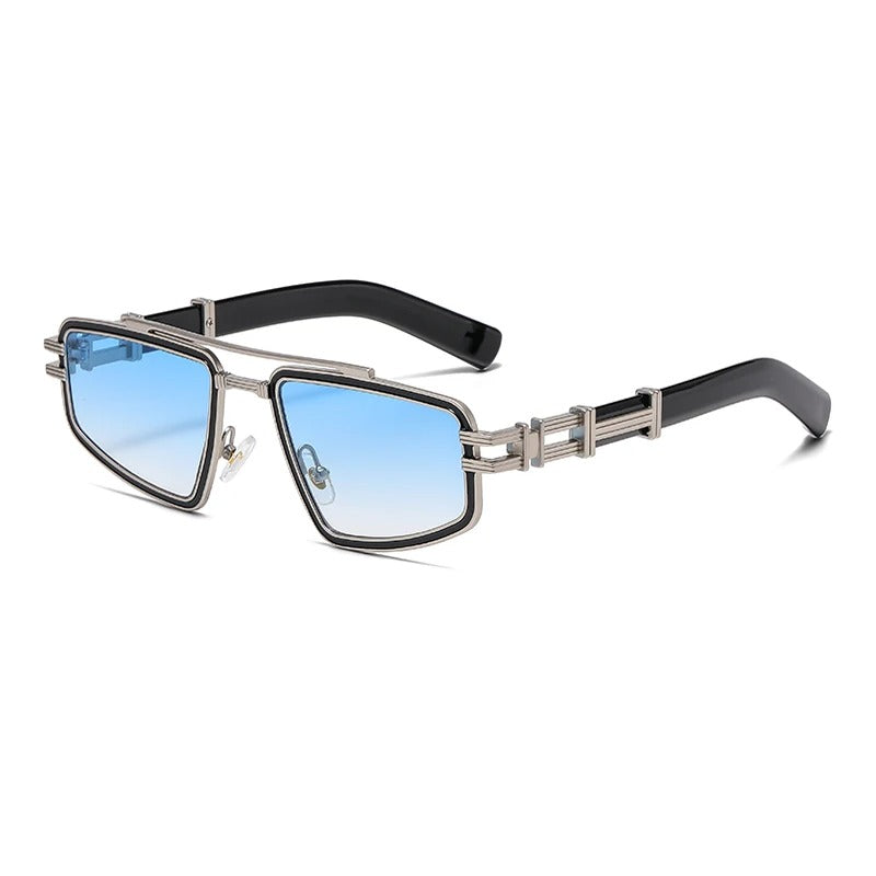 Model wearing bold geometric metal frame sunglasses, showcasing modern style and UV protection