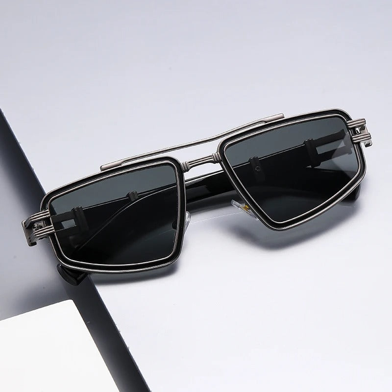 Side view of unisex geometric sunglasses, highlighting the unique metal frame and fashion appeal