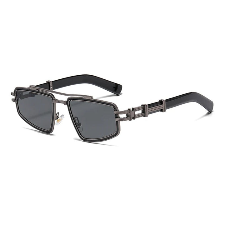 Pair of bold geometric metal frame sunglasses on a display, ready for stylish wear and UV protection