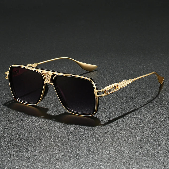 Unisex Bold Gold Frame UV400 Sunglasses with black lenses, front view, fashion eyewear