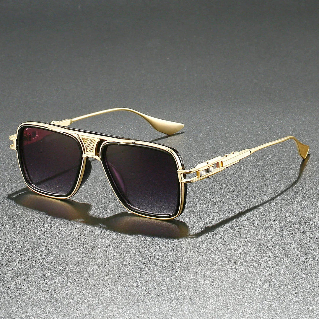 Unisex black lens UV400 sunglasses with a prominent gold frame, essential fashion accessory