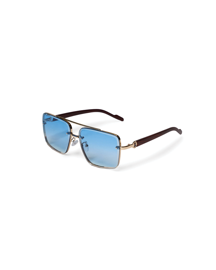 Unisex bold square sunglasses with gold metal frame & wooden temples, vintage fashion eyewear.