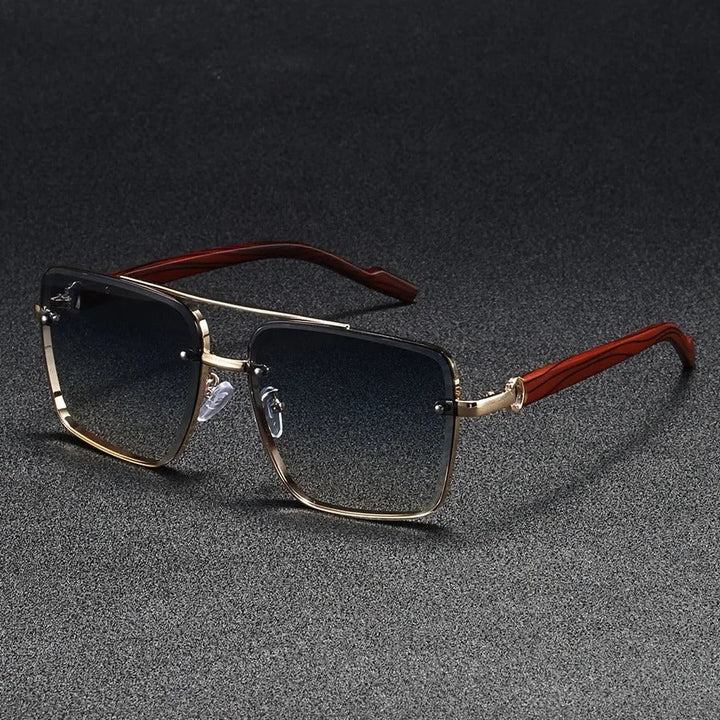 Bold square unisex sunglasses with gold frame & wooden arms, a fashionable eyewear accessory.