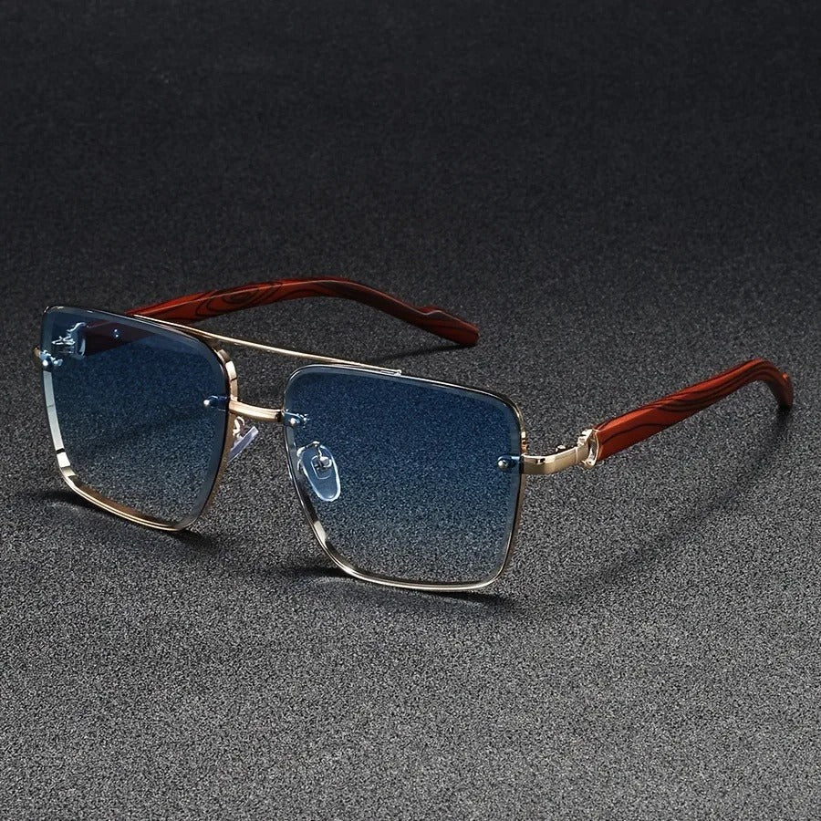 Unisex square sunglasses; gold frame front and side view, elegant and modern vintage design.