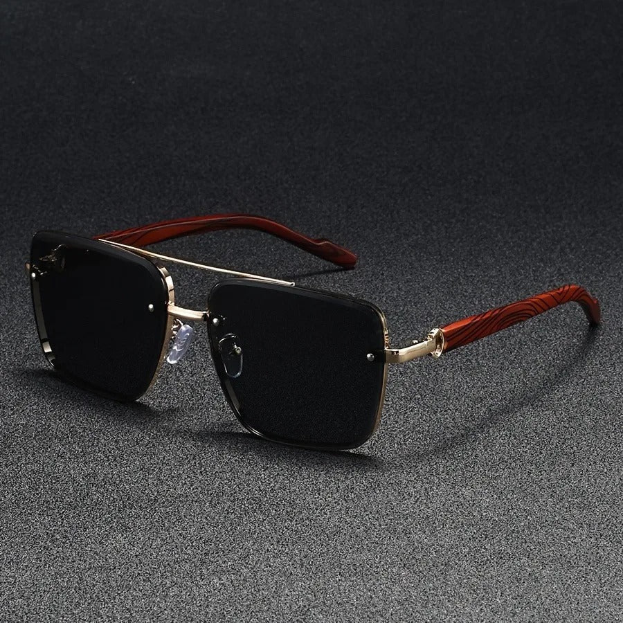 Product shot of square frame unisex sunglasses in gold and wood, ideal for modern fashion.