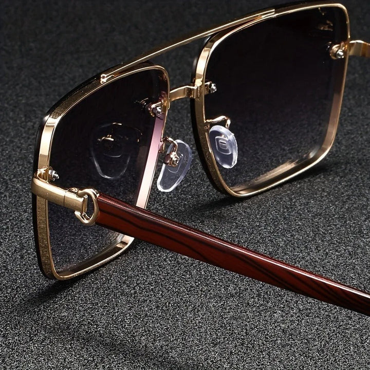 Stylish gold and wood unisex square sunglasses, a perfect blend of vintage and modern aesthetics.