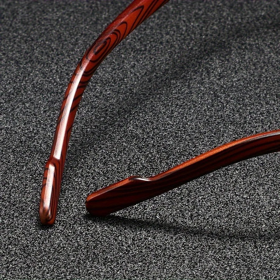 Front view of unisex bold square gold & wood sunglasses, a statement piece of eyewear.