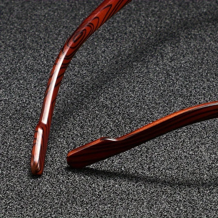 Front view of unisex bold square gold & wood sunglasses, a statement piece of eyewear.