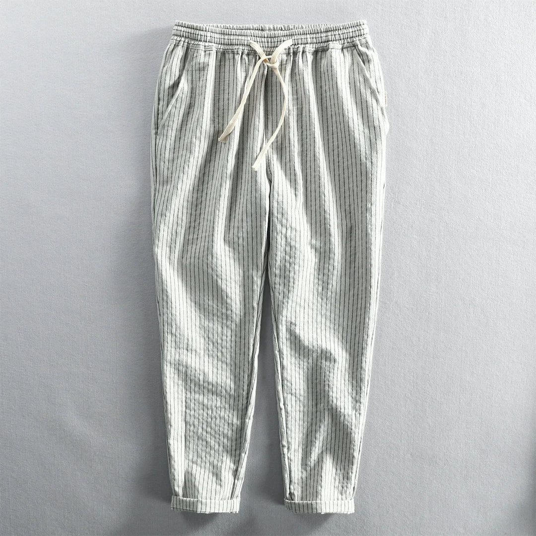 Striped cotton linen blend lounge pants for men and women, featuring a comfortable, breathable design