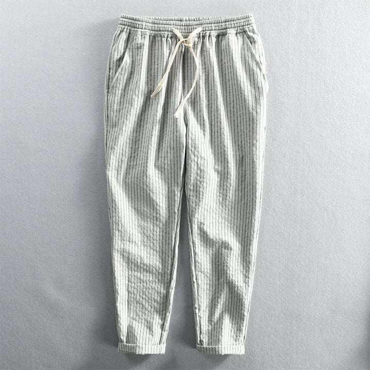 Striped cotton linen blend lounge pants for men and women, featuring a comfortable, breathable design