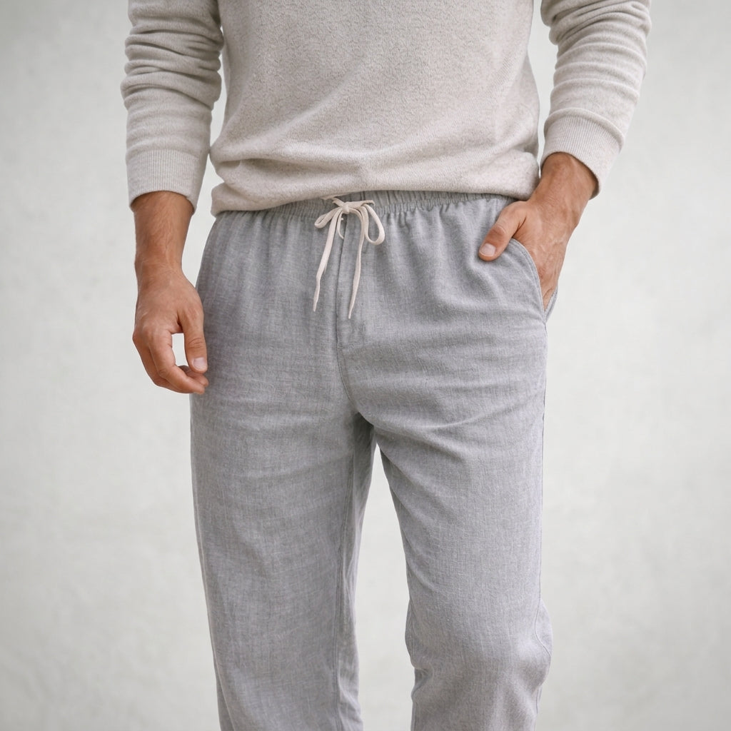 Casual unisex linen trousers with a practical drawstring waist, offering breathable comfort for summer days.