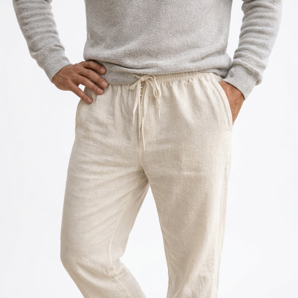 Breathable unisex linen pants with a drawstring waist, providing lightweight comfort for summer or casual wear.