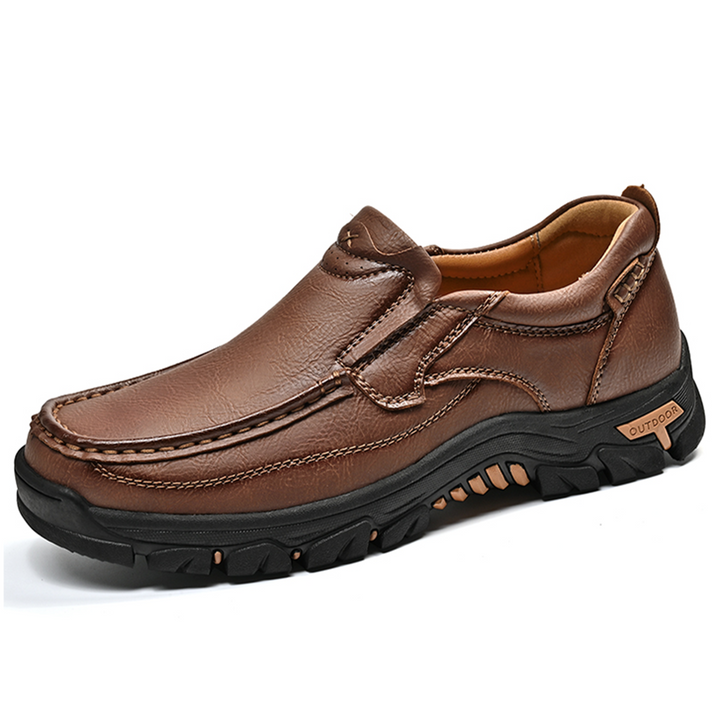Unisex brown leather orthopedic comfort transition boots with ankle support, slip resistant sole