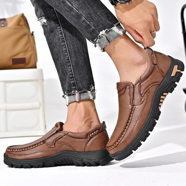 Brown leather orthopedic comfort transition boots for men, featuring a wide toe box