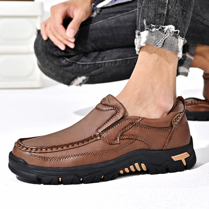 Close-up of the lacing system on a men's brown orthopedic comfort transition boot