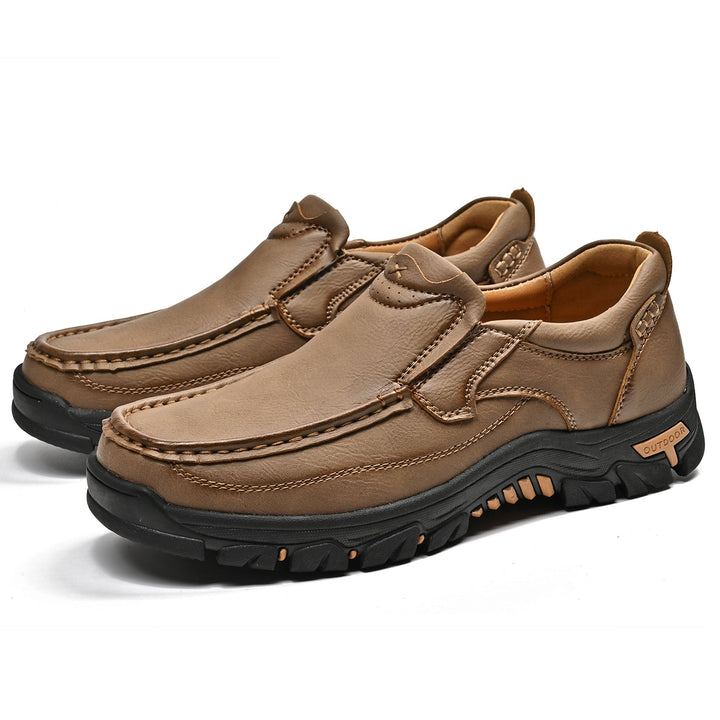 Brown leather orthopedic comfort boots, providing excellent shock absorption, unisex style