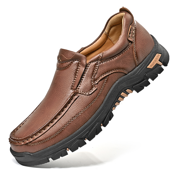 Top-down view of men's brown orthopedic comfort transition boots, slip-on design, casual