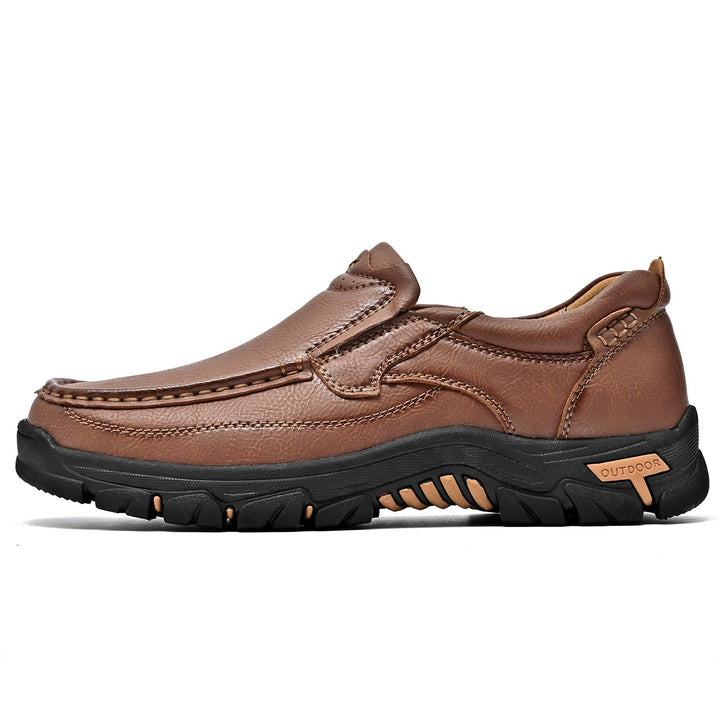 Orthopedic comfort transition boot in a rich brown leather, unisex design, natural lighting