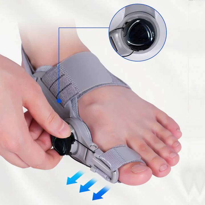 Unisex bunion corrector with toe spacer in beige silicone, featuring adjustable heel strap for foot pain relief and alignment