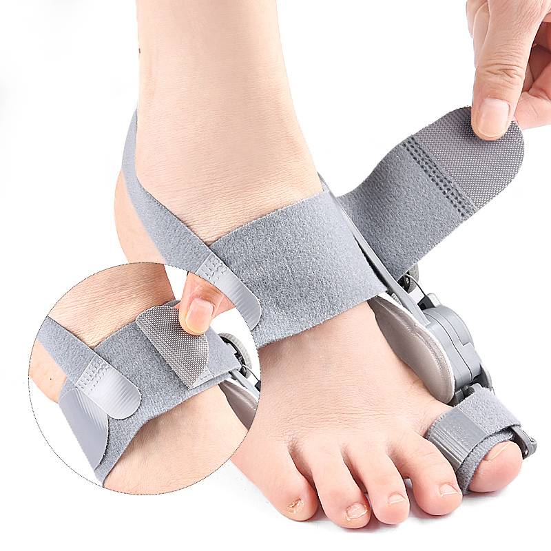 Unisex bunion corrector with toe spacer in beige silicone, featuring adjustable heel strap for foot pain relief and alignment