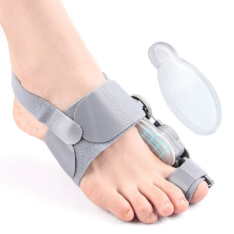 Unisex bunion corrector with toe spacer in beige silicone, featuring adjustable heel strap for foot pain relief and alignment