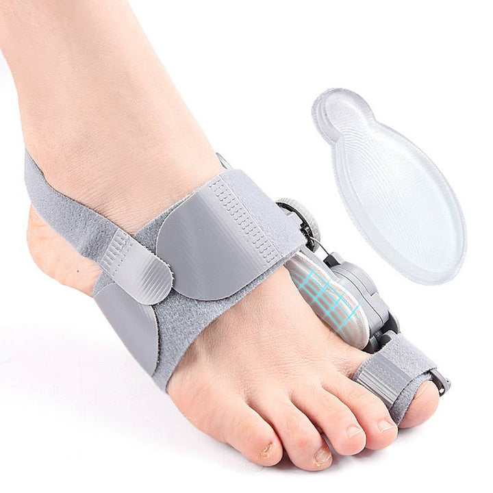 Unisex bunion corrector with toe spacer in beige silicone, featuring adjustable heel strap for foot pain relief and alignment
