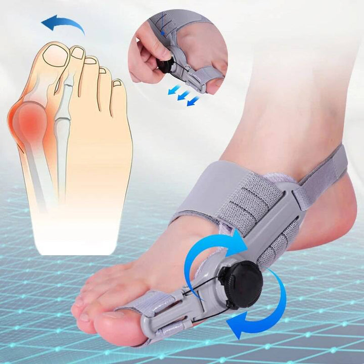 Unisex bunion corrector with toe spacer in beige silicone, featuring adjustable heel strap for foot pain relief and alignment