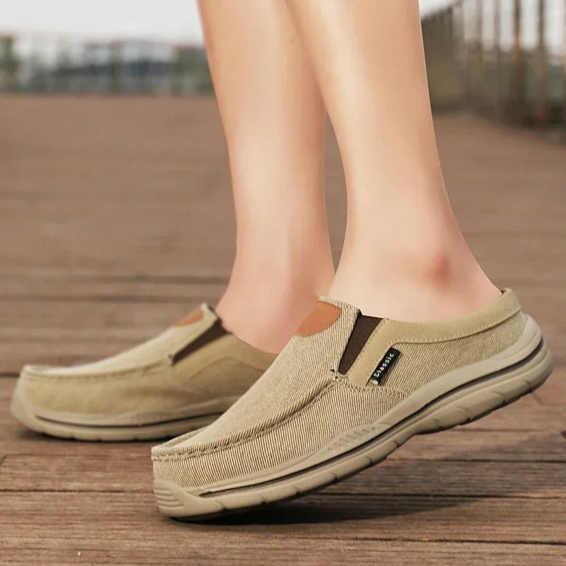Textured canvas material of comfortable slip-on shoes, great for casual wear.