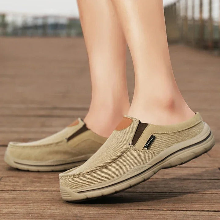 Textured canvas material of comfortable slip-on shoes, great for casual wear.