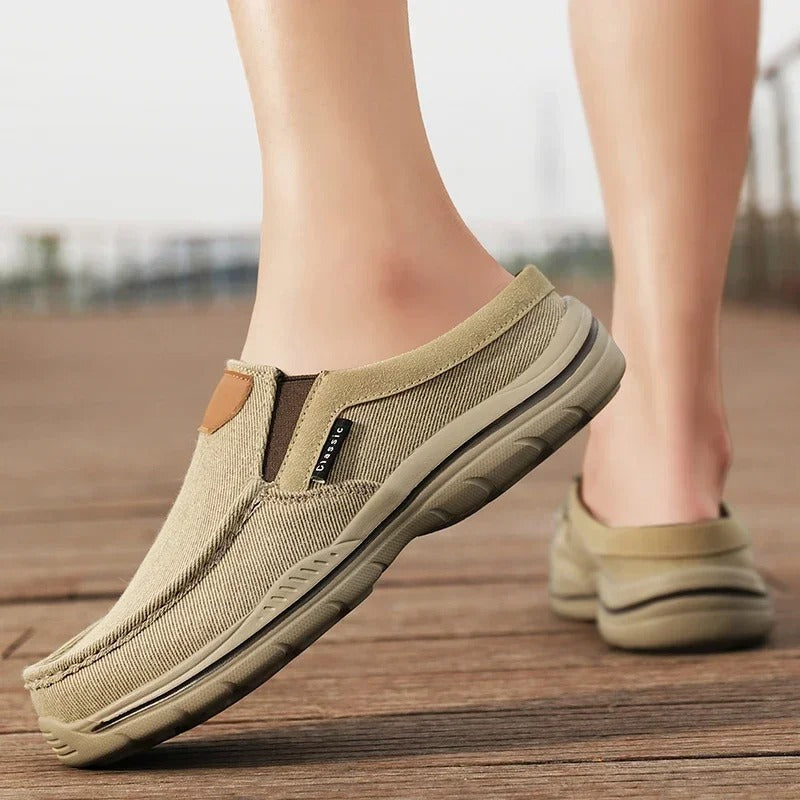 Front view of casual canvas slip-ons, a comfortable and versatile shoe for all.