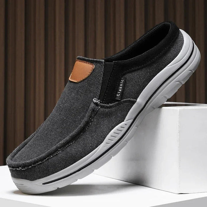 Close-up of comfortable canvas slip-on shoes, unisex design with durable rubber sole.