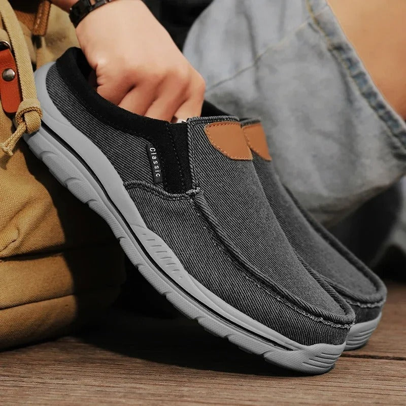 Side view of slip-on canvas shoes, designed for everyday comfort and style.