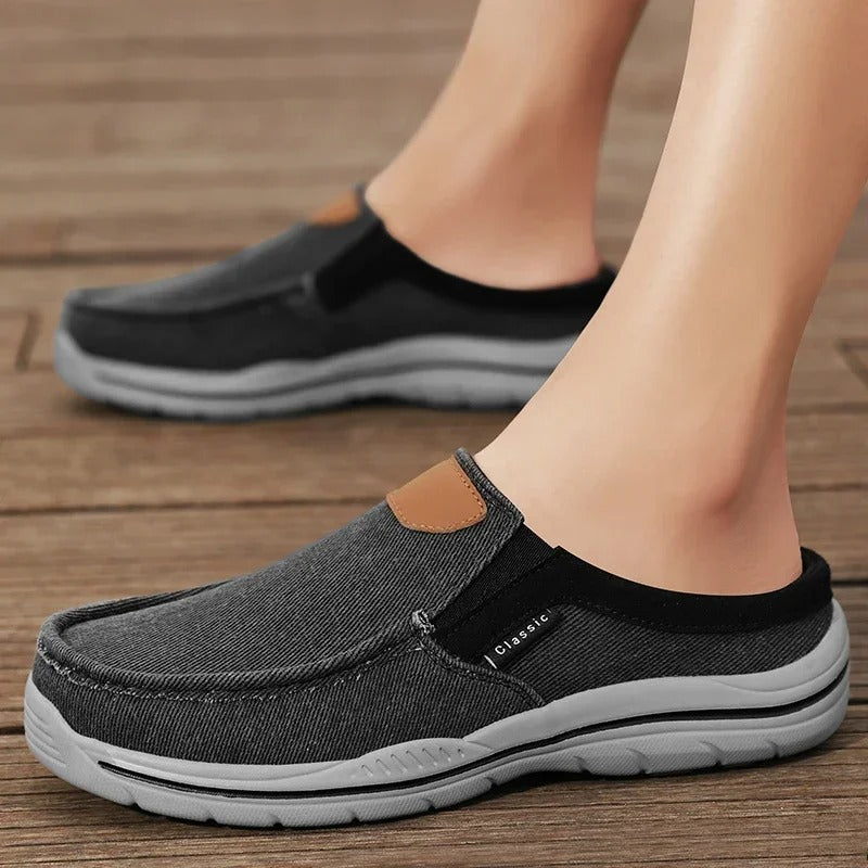 Unisex canvas footwear, lightweight slip-on design with a sturdy rubber sole.