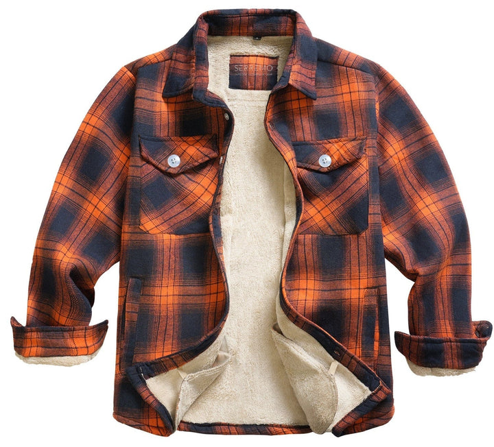 Classic red and black plaid flannel shirt jacket for unisex, soft-touch fabric.