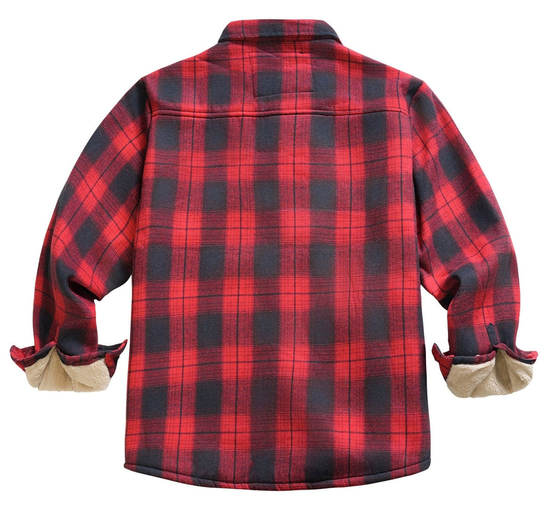 Outdoor-ready plaid flannel shirt jacket, durable and comfortable unisex styling.
