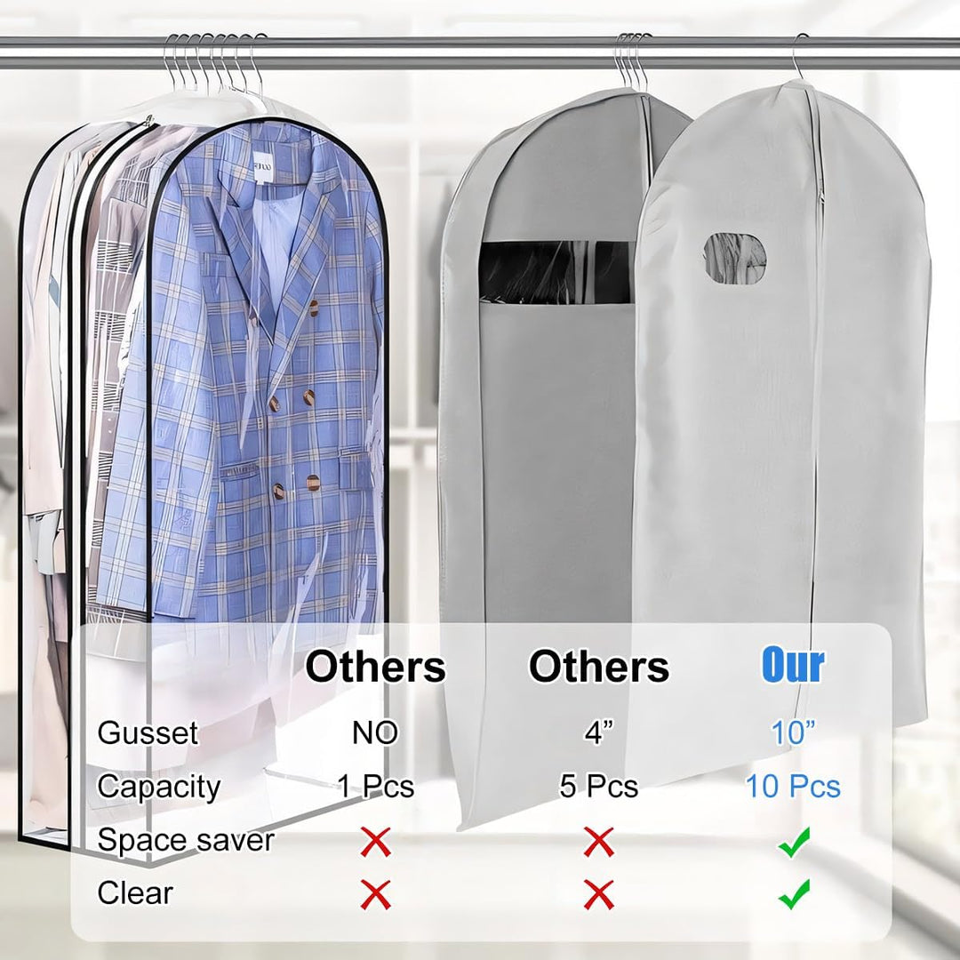 Clear garment covers, 6-pack, for efficient clothes protection & storage; breathable PEVA material.
