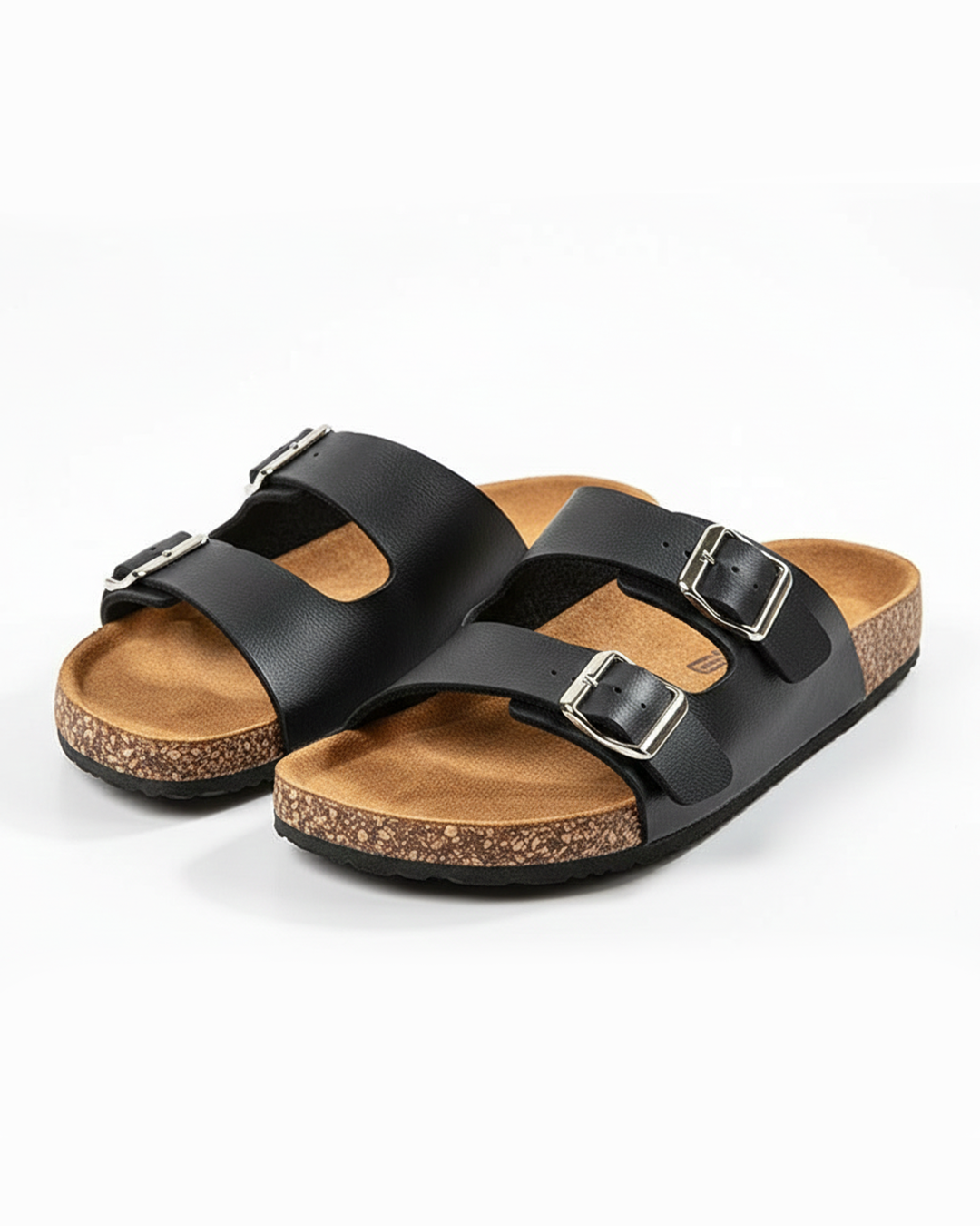 Unisex Comfort Double Buckle Slide Sandals, featuring a cork footbed and suede lining for ultimate comfort.