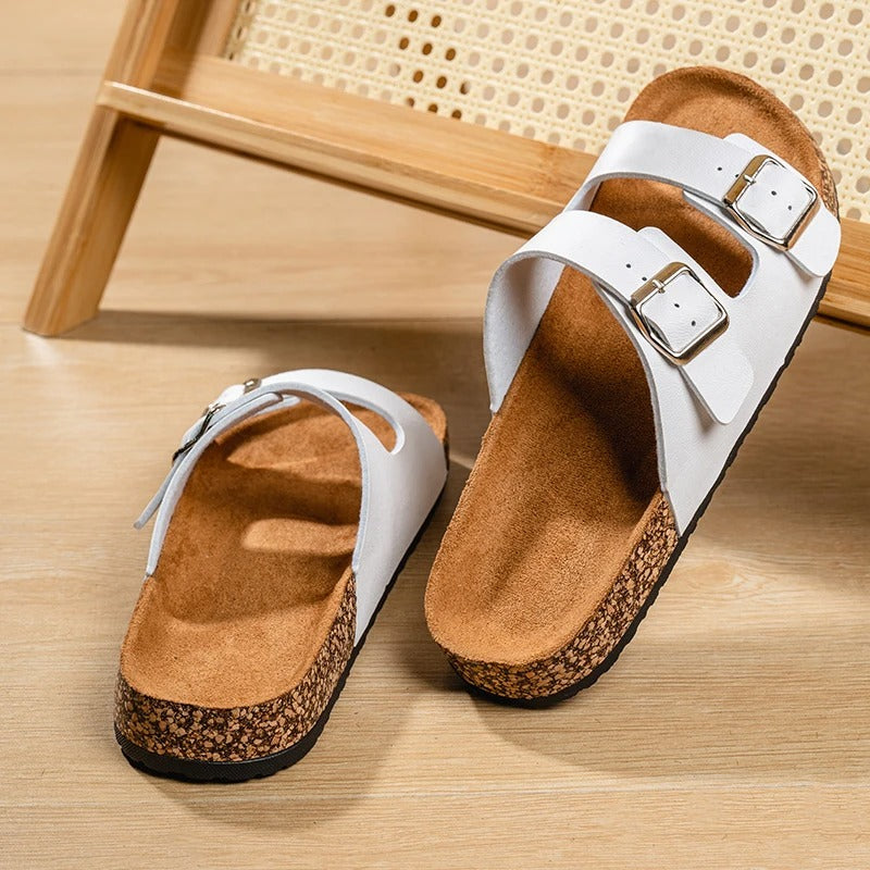 Ergonomic cork footbed of Unisex Slide Sandals, designed for exceptional arch support and comfort.