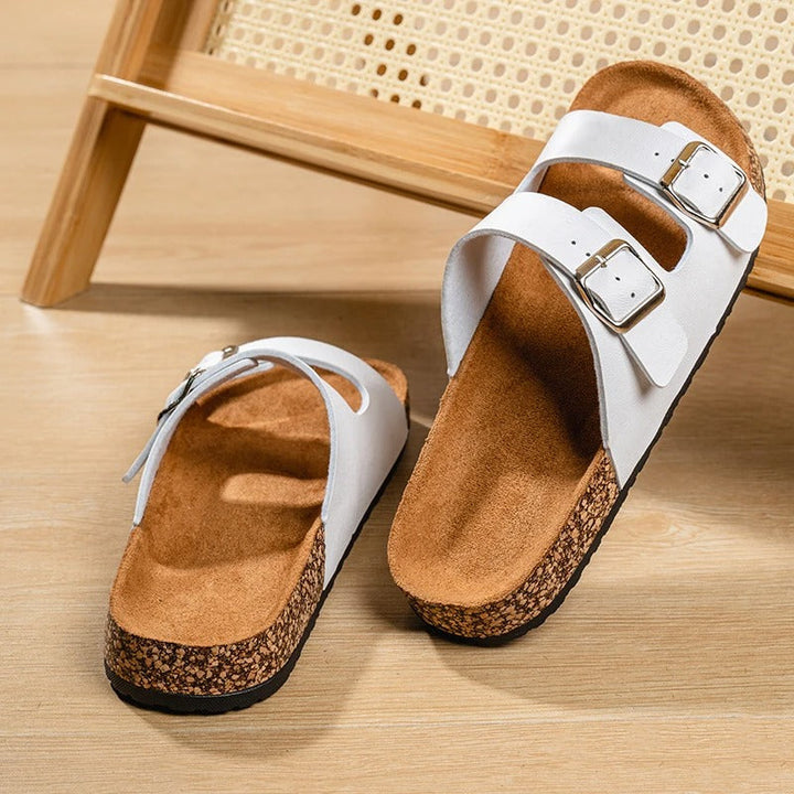 Ergonomic cork footbed of Unisex Slide Sandals, designed for exceptional arch support and comfort.