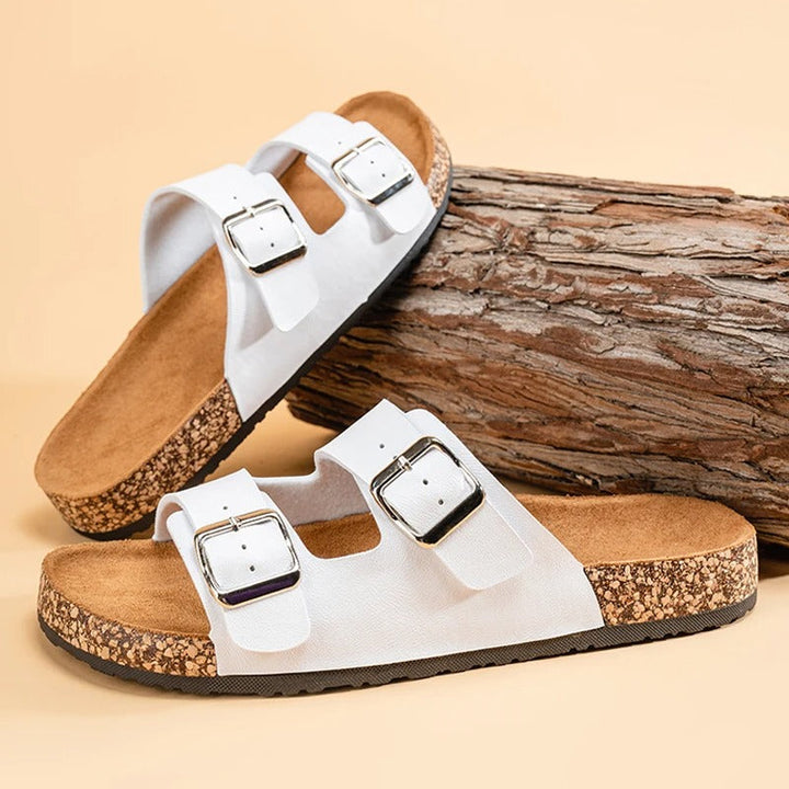 An isolated image of a single Unisex Comfort Double Buckle Slide Sandal, showing quality craftsmanship.
