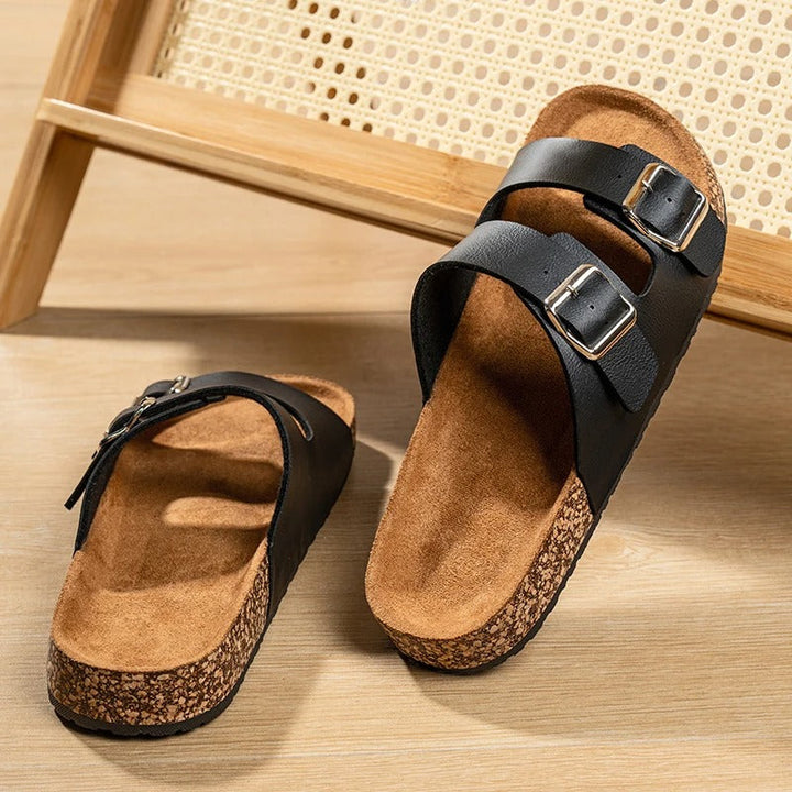 Close-up of the double buckle on Unisex Comfort Slide Sandals, highlighting the adjustable strap detail.