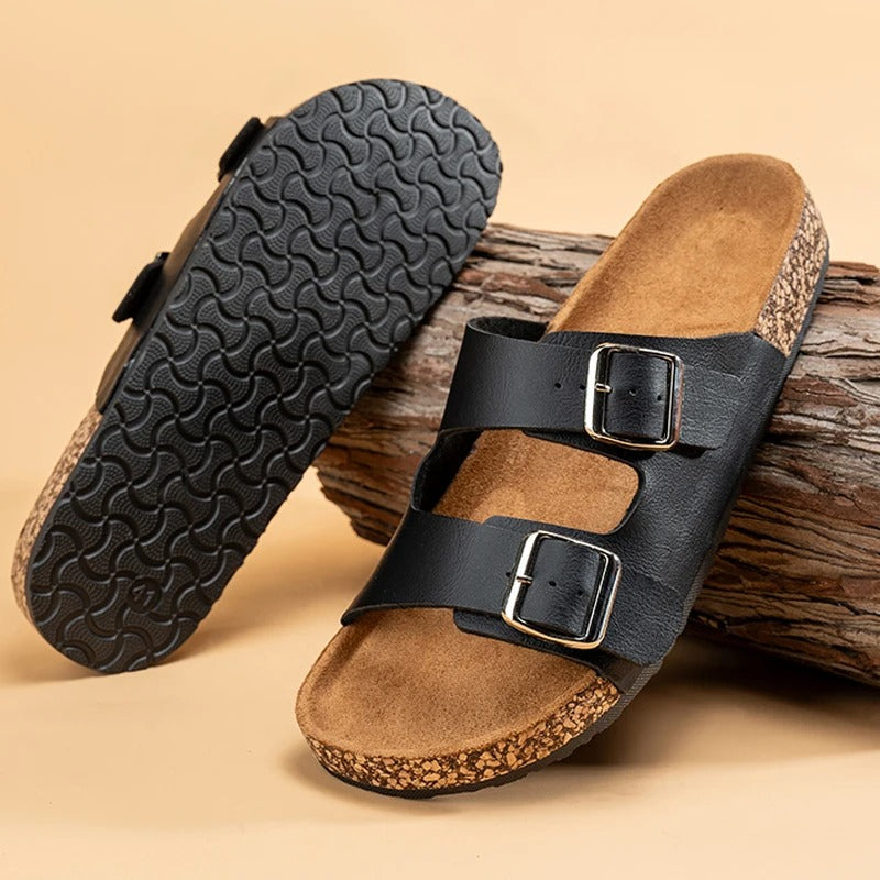 Unisex casual slide sandals with a comfortable cork footbed and soft suede lining, perfect for summer.