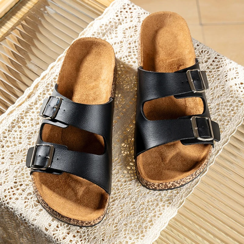 Top-down view of Unisex Double Buckle Slide Sandals, displaying the classic open-toe design.