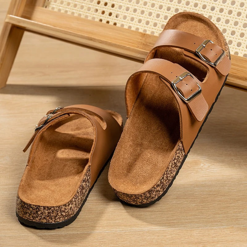 Unisex footwear: Double Buckle Slide Sandals with a supportive cork footbed and suede top layer.