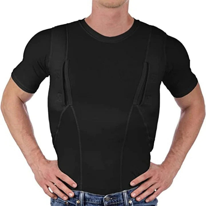 Discreet black compression shirt with hidden holsters, ideal for everyday concealed carry comfort and security.