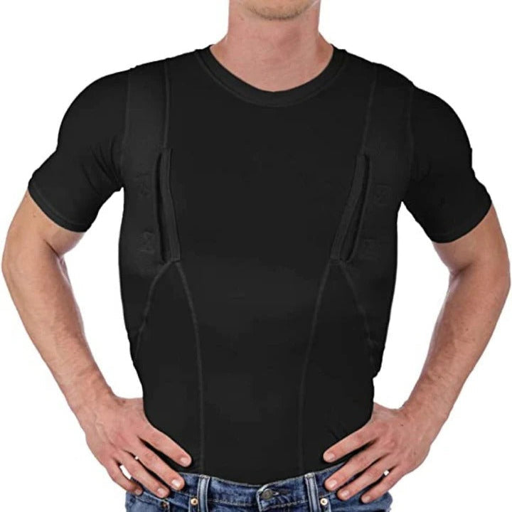 Security-focused unisex compression shirt with hidden holsters, designed for comfortable and discreet firearm retention.