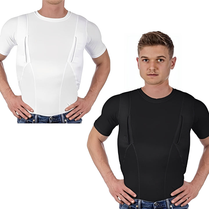 High-performance compression shirt with discreet hidden holsters, ensuring comfortable and secure concealed carry for men & women.