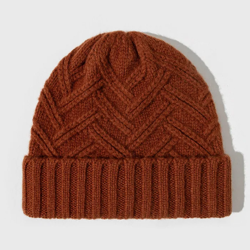 Fashion-forward unisex beanie with a striking chevron knit, ideal for cold weather accessories