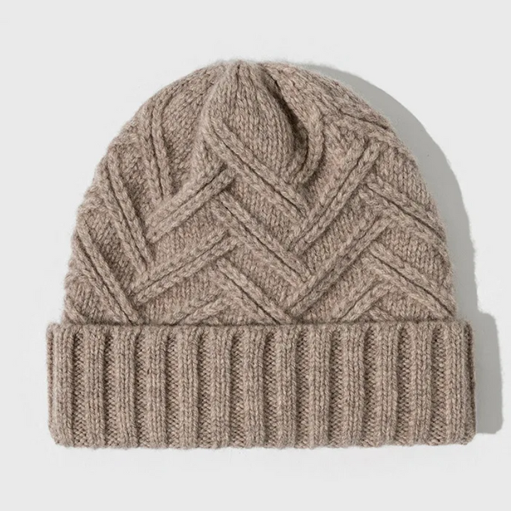 High-quality knit beanie with a textured chevron design, a must-have unisex accessory for winter